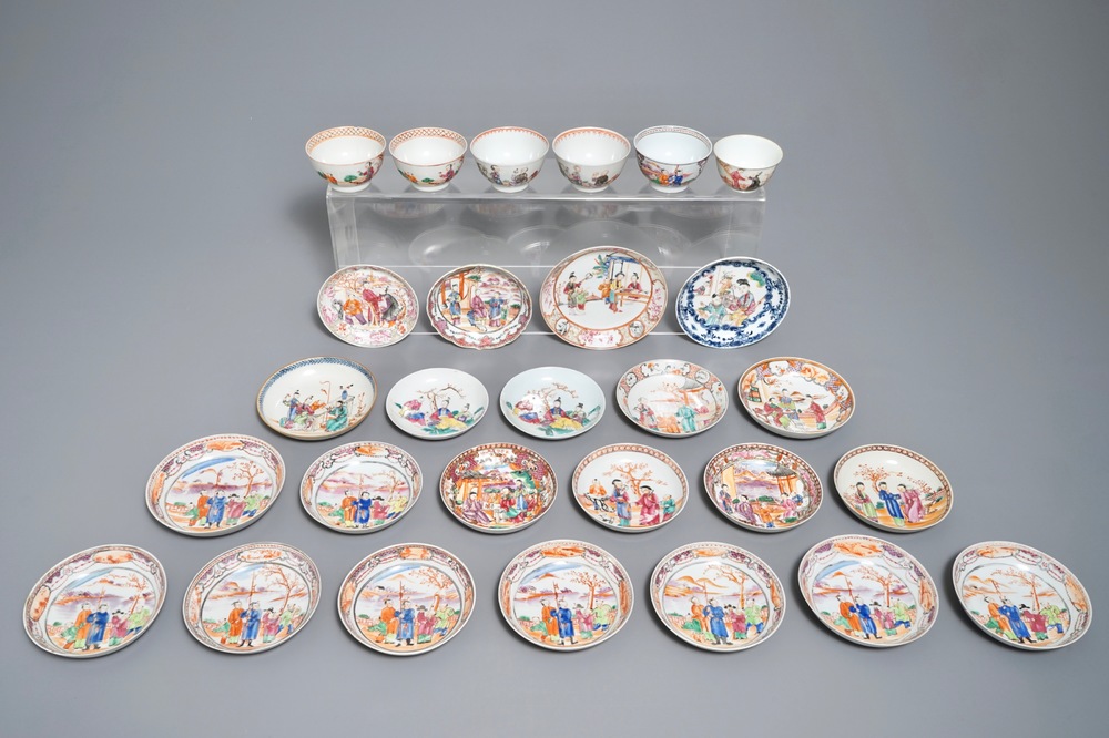 A collection of Chinese mandarin design cups and saucers, Qianlong