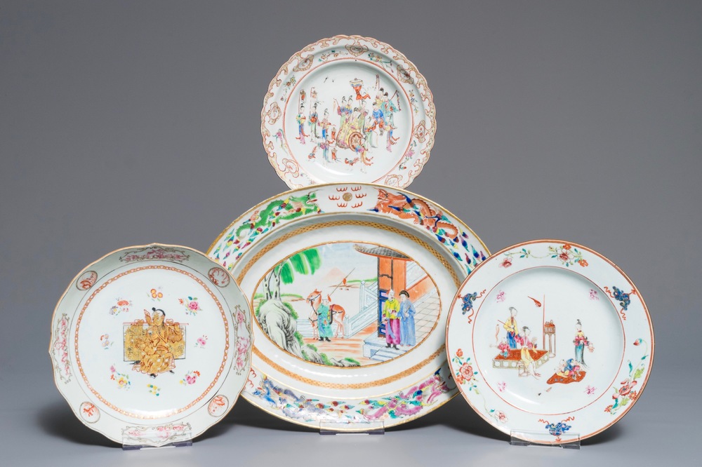 Three Chinese famille rose plates and an oval dish, 18/19th C.