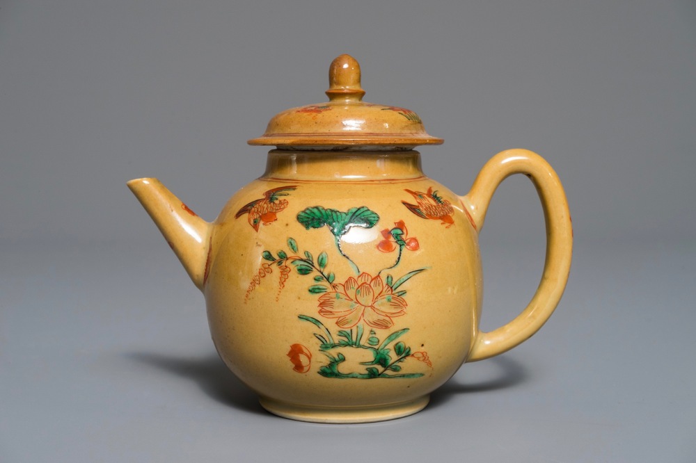 A Chinese famille verte cafe-au-lait-ground teapot, Kangxi