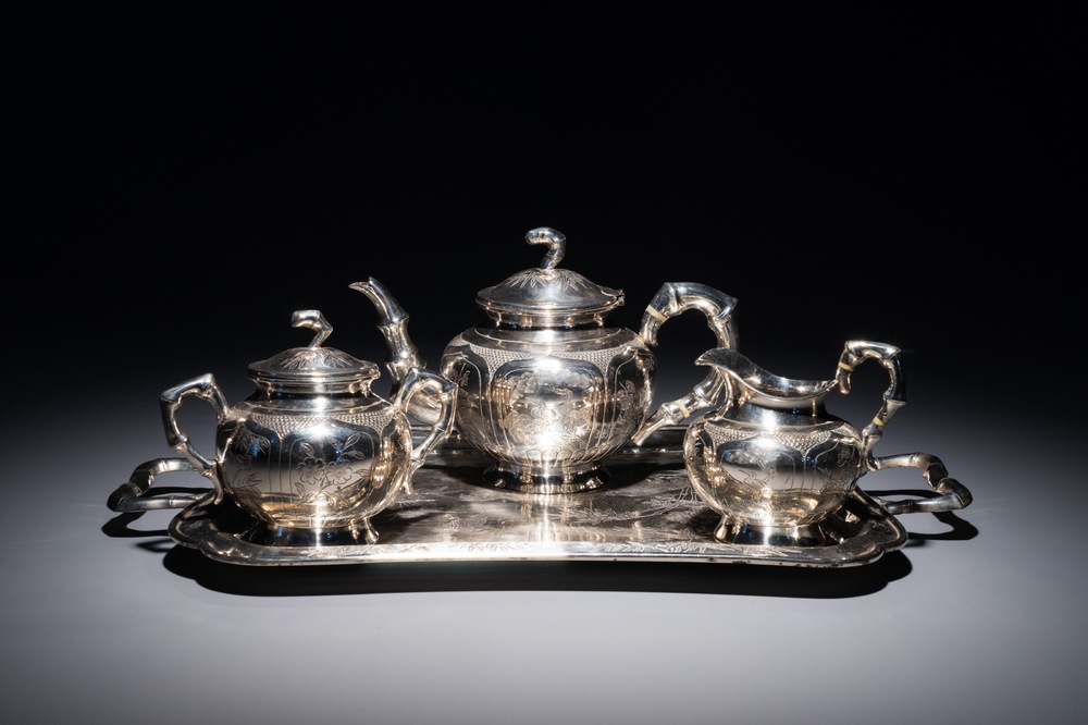A Chinese silver-plated tea service on tray, Republic, 1st half 20th C.
