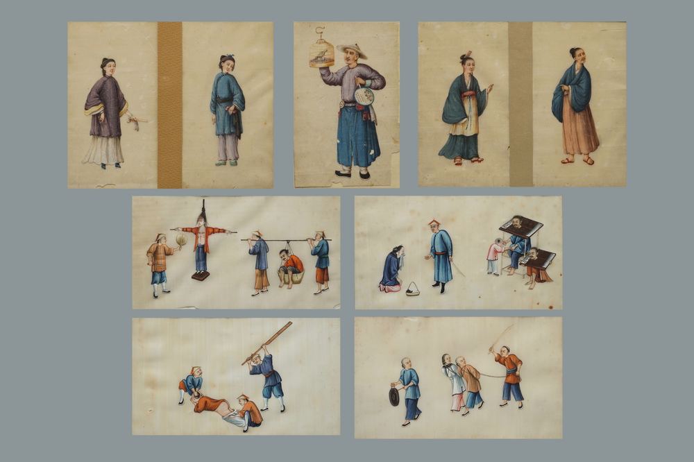 Neuf peintures sur papier de riz, Chine, Canton, 19&egrave;me