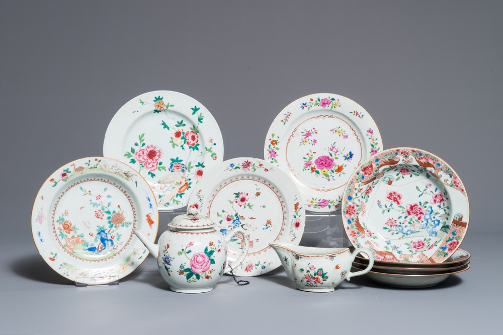 Eight Chinese famille rose plates, a teapot and a sauce boat, Qianlong