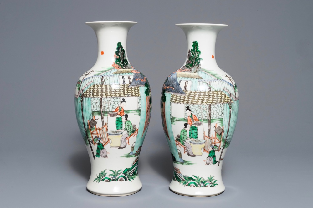 A pair of Chinese famille verte 'silk production' vases, 19th C.