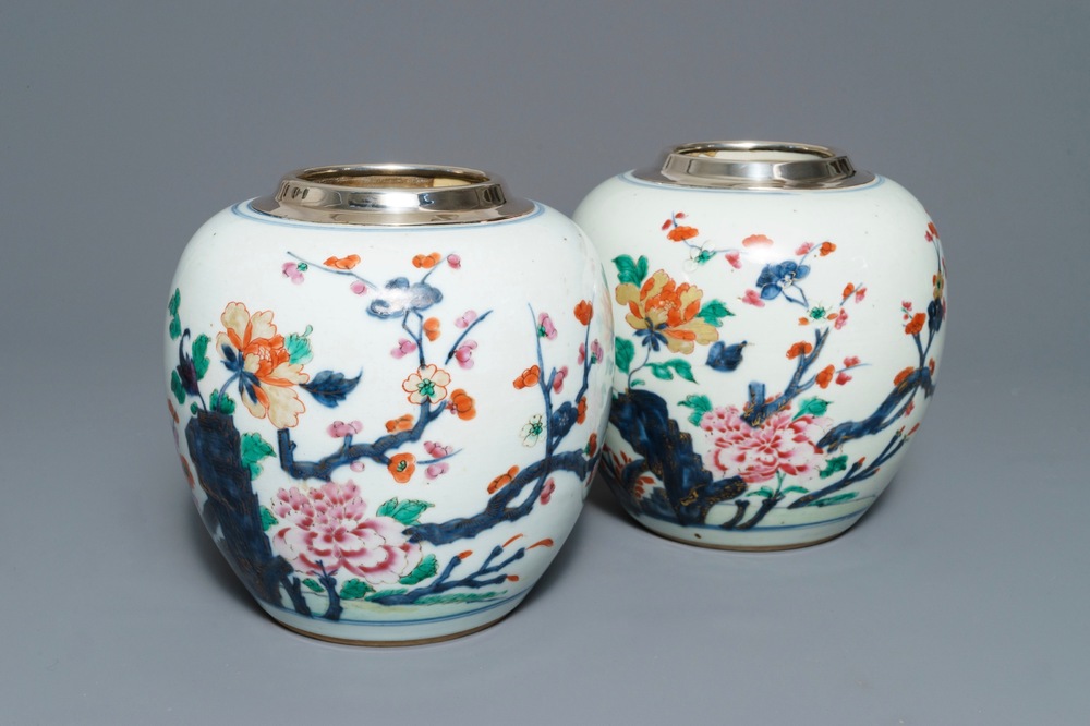 A pair of silver-mounted Chinese rose-Imari jars with floral design, Qianlong