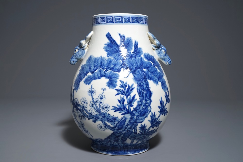 A Chinese blue and white 'Three friends of winter' hu vase, Qianlong mark, 19/20th C.