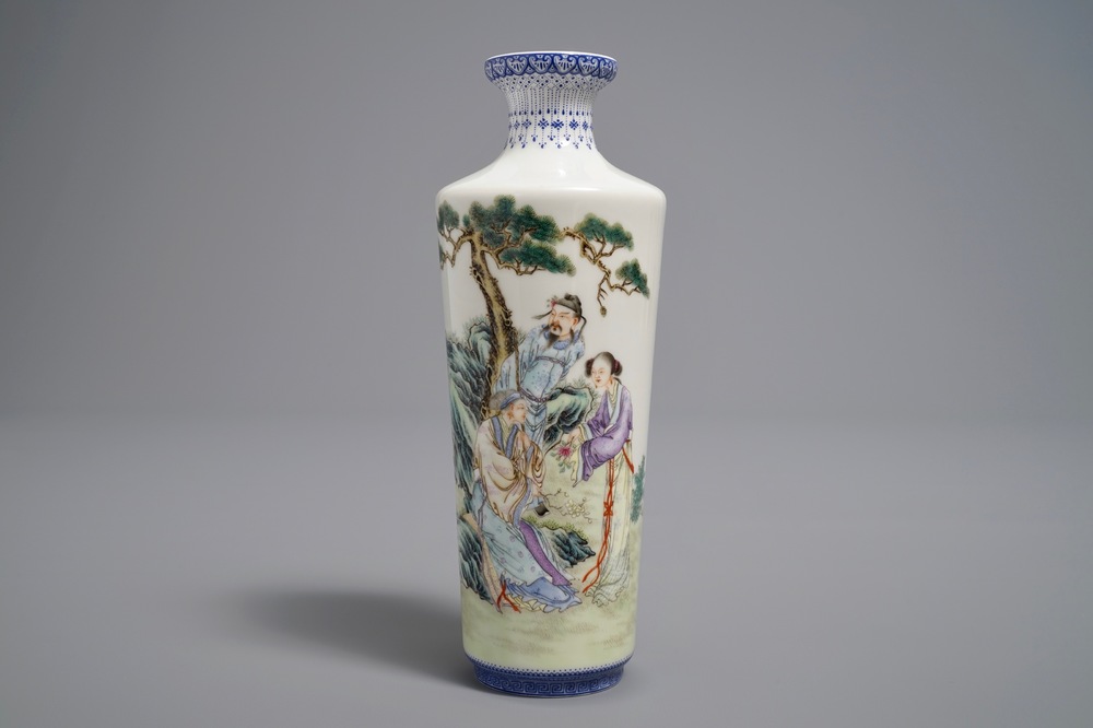 A Chinese famille rose eggshell rouleau vase, Qianlong mark, 20th C.