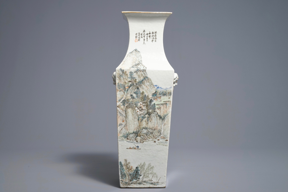 A square Chinese qianjiang cai landscape vase, Wang Youtang, early 20th C.