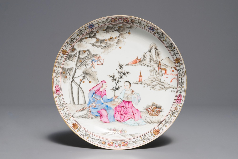 A Chinese famille rose grisaille 'mythological subject' plate, Yongzheng