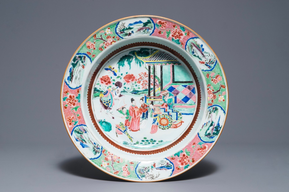 A Chinese famille rose basin with figures in a garden, Yongzheng