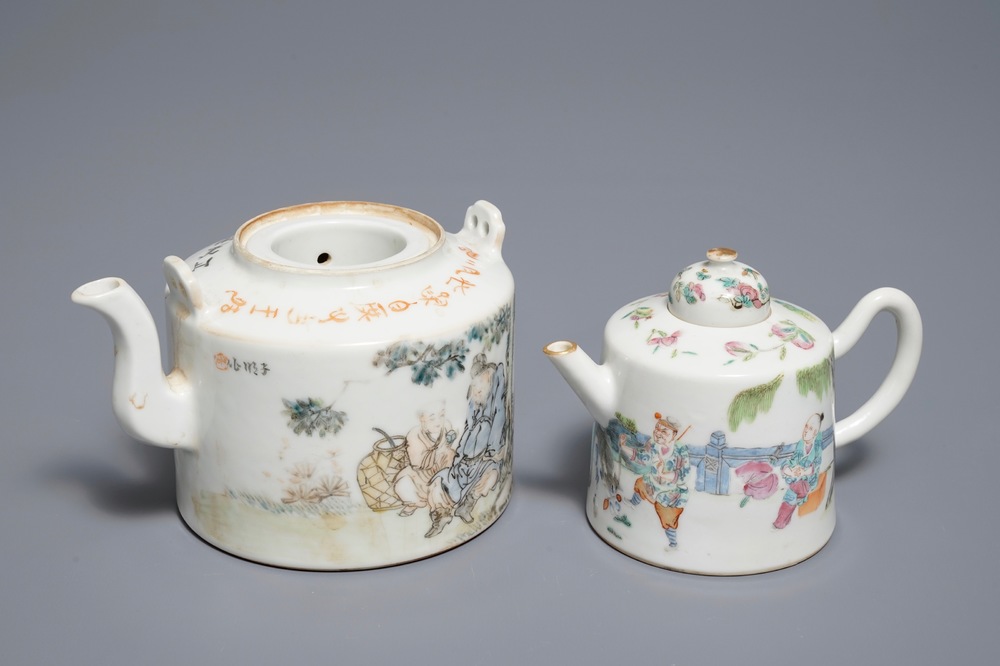 Deux th&eacute;i&egrave;res en porcelaine de Chine famille rose et qianjiang cai, 19/20&egrave;me