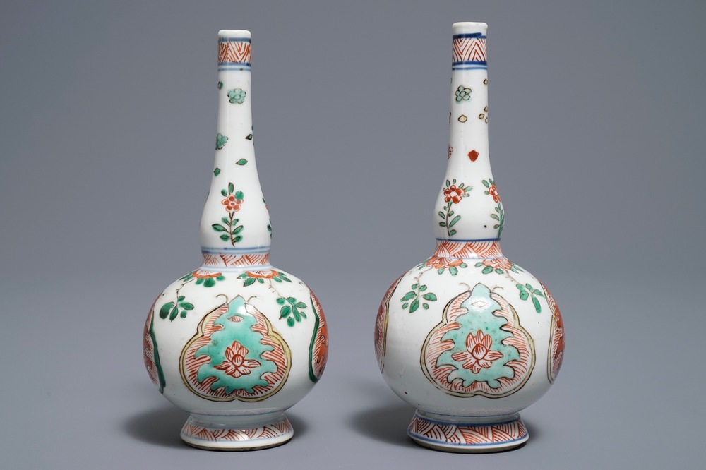 A pair of Chinese famille verte rosewater sprinklers, Kangxi