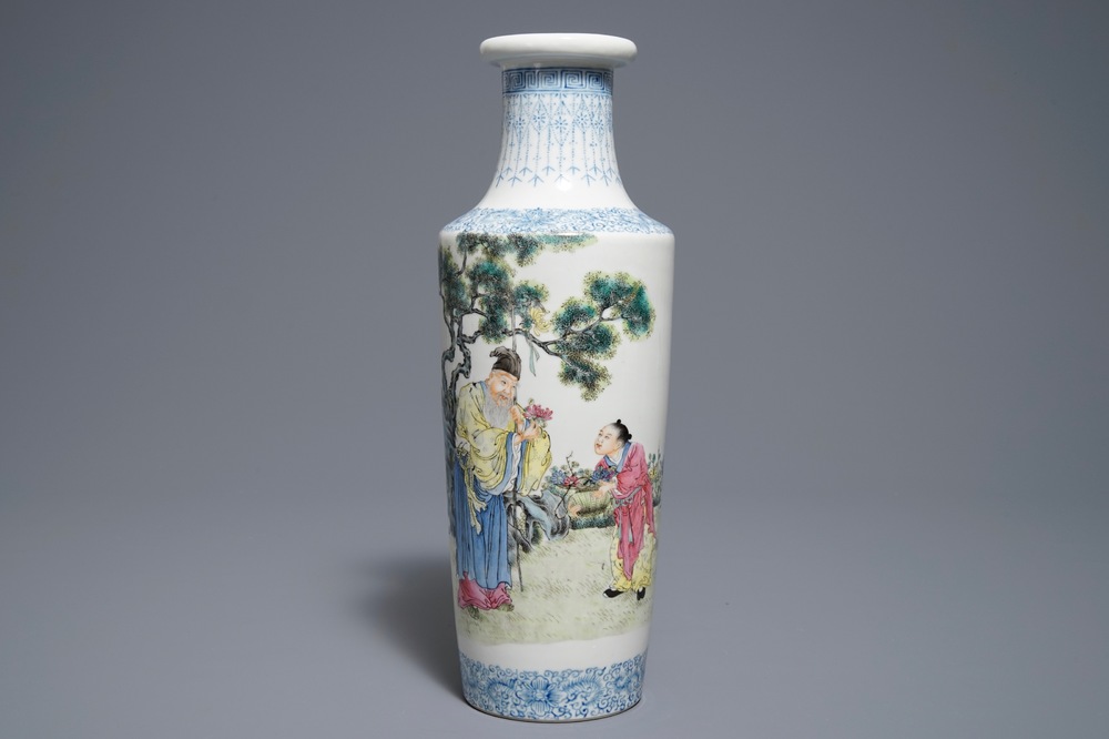 A Chinese famille rose vase with a sage and his servant, Qianlong mark, Republic, 20th C.