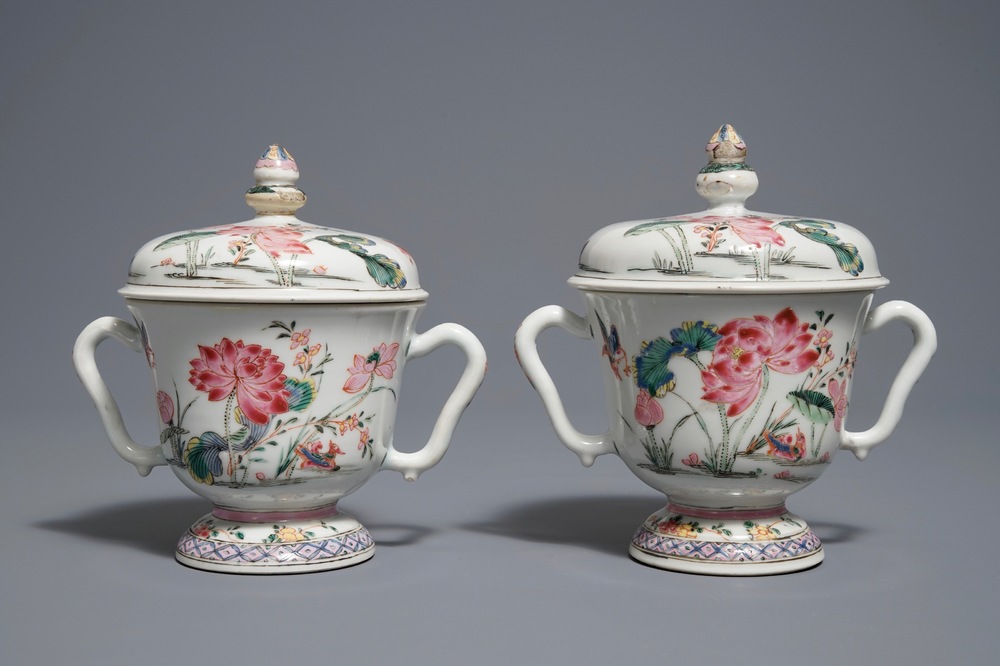 A pair of Chinese famille rose cups and covers with lotus flowers and ducks, Yongzheng