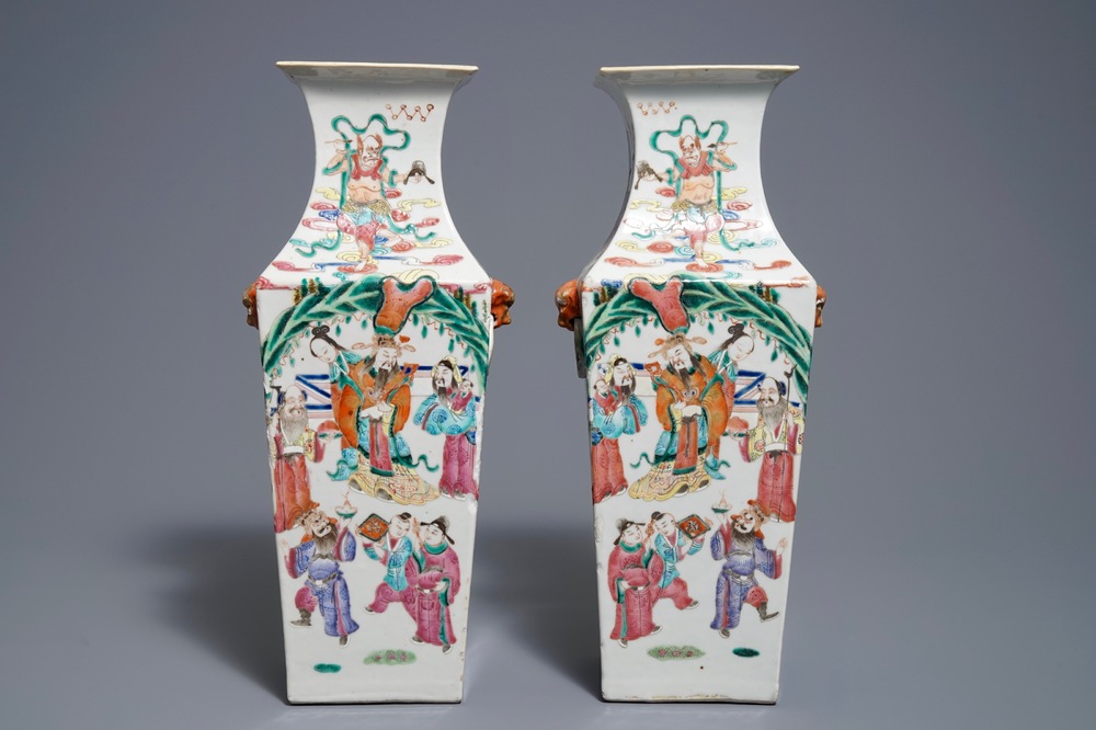 A pair of square Chinese famille rose vases, 19th C.