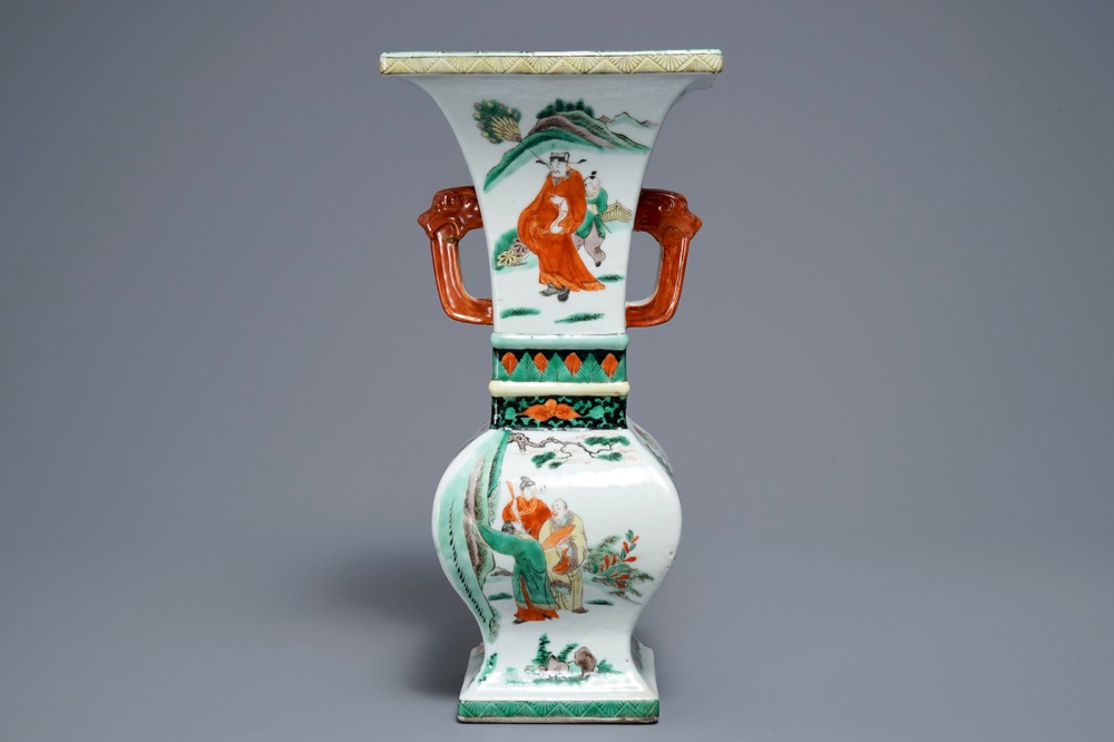 A square Chinese famille verte vase, Kangxi mark, 19/20th C.