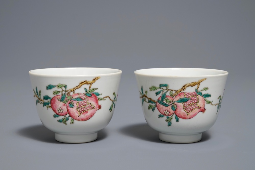 A pair of Chinese famille rose pomegranate cups, Daoguang mark, 19/20th C.