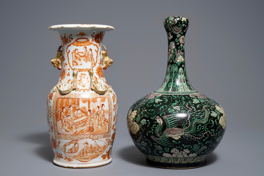 Two Chinese famille noire and iron red vases, 19th C.