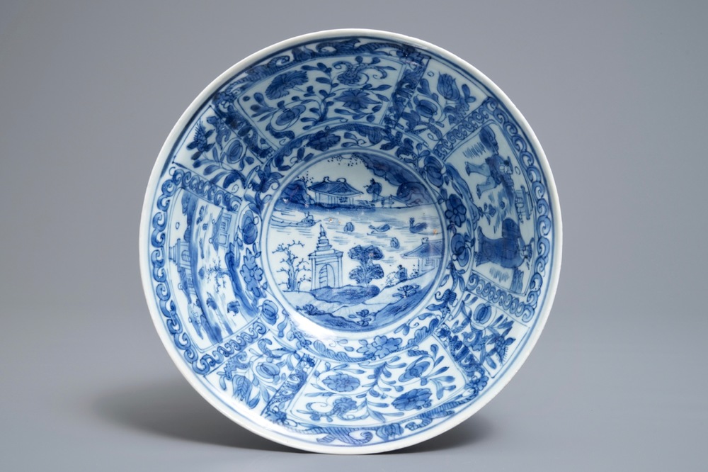 A Chinese blue and white figurative panel bowl, Wanli