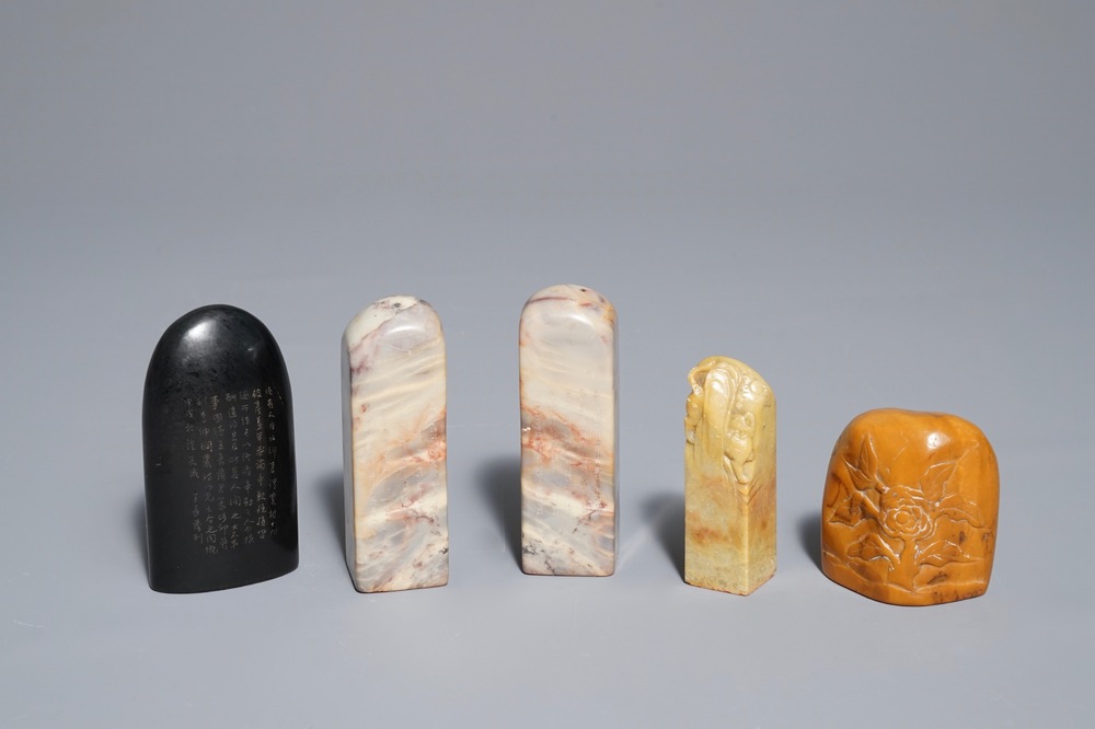 Five Chinese soapstone and wood seals, 19/20th C.