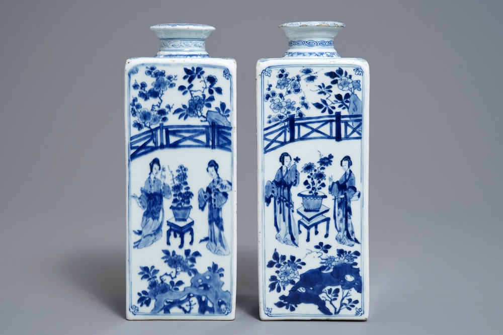 A pair of Chinese blue and white 'Long Eliza' square tea caddies, Yu mark, Kangxi