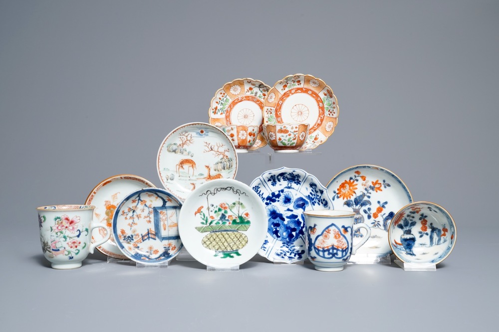 Five Chinese cups and eight saucers, Kangxi/Qianlong