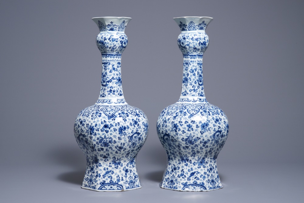 A pair of very large Dutch Delft blue and white vases, first quarter 18th C.