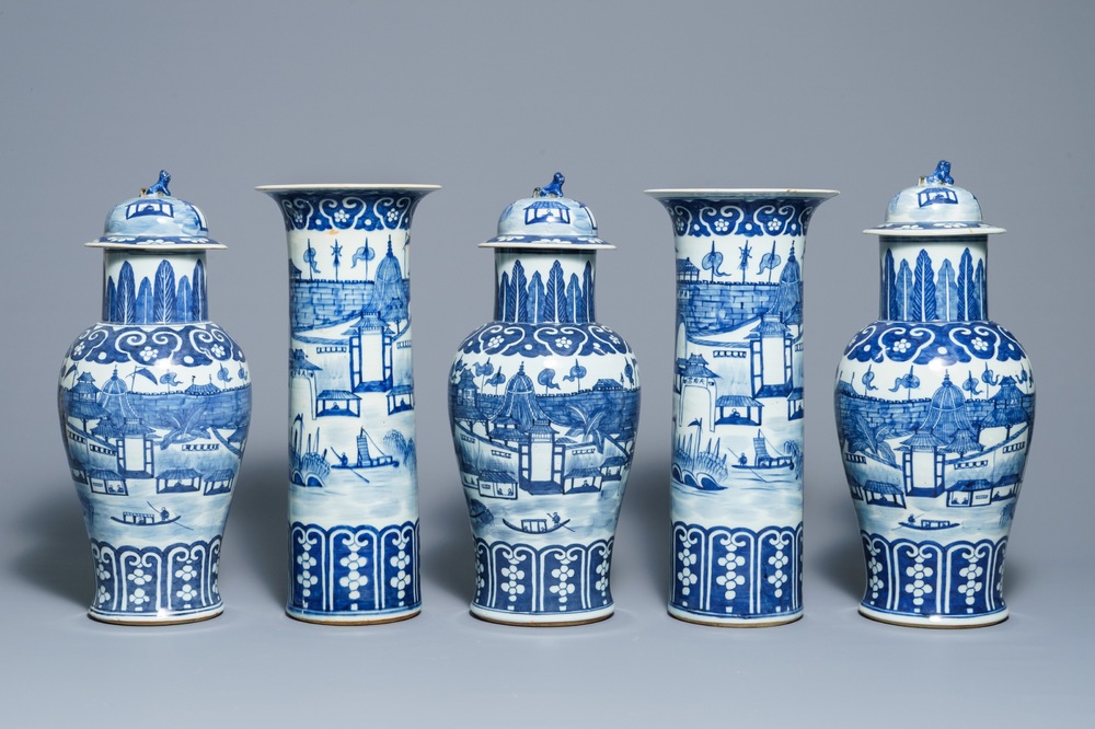 A Chinese blue and white five-piece garniture with port views, 19th C.