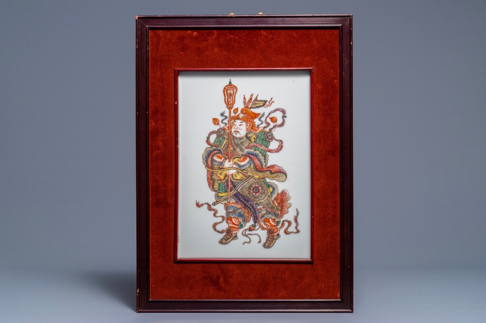 A Chinese famille rose plaque depicting Qin Shubao, 19/20th C.