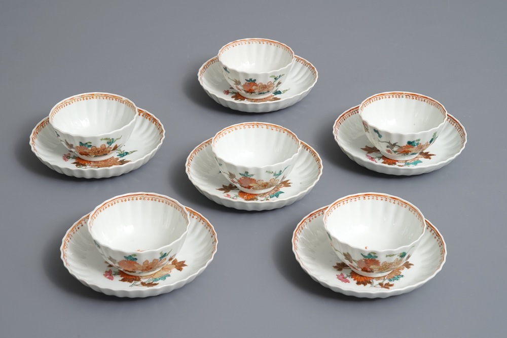 Six lobed Chinese famille rose cups and saucers with floral designs, Qianlong