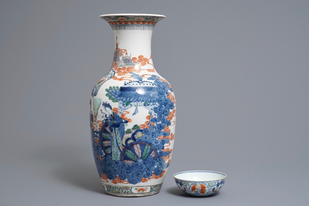 A Chinese famille verte vase and a famille rose bowl, 19th C.