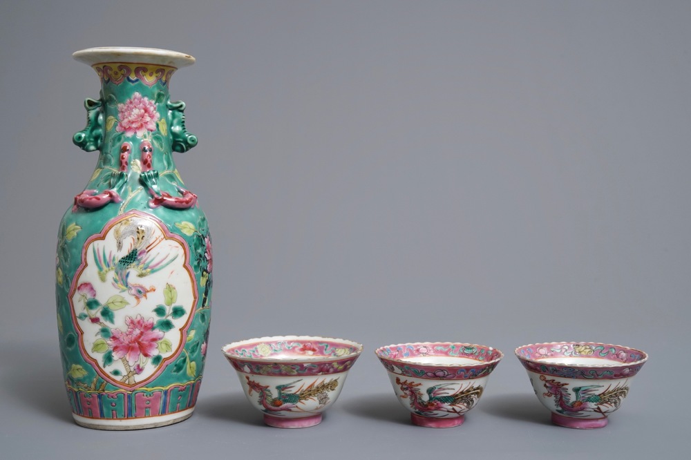 A Chinese Peranakan or Straits market famille rose vase and three bowls, 19th C.