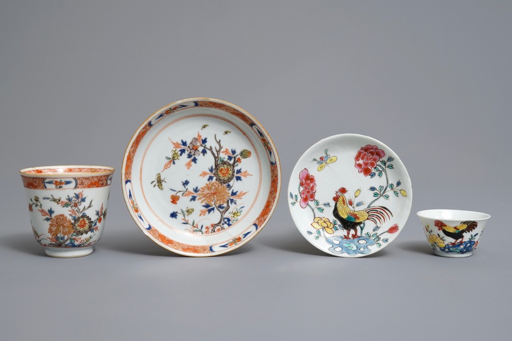 Two Chinese famille rose and verte-Imari cups and saucers, Kangxi/Qianlong