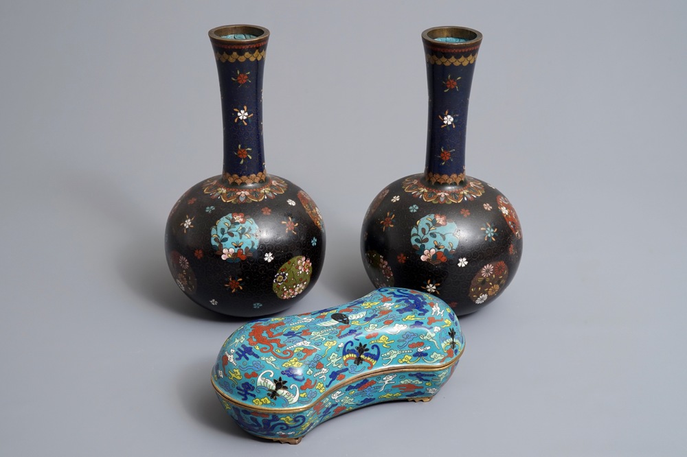 A pair of Chinese cloisonn&eacute; bottle vases and an ingot-shaped box and cover, 19/20th C.