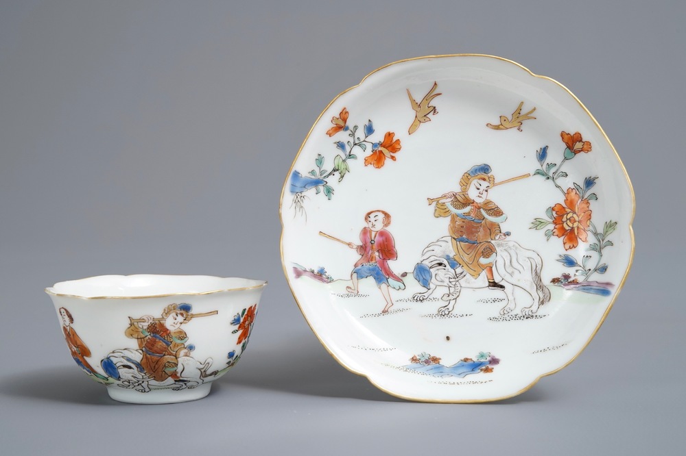 A Chinese famille rose cup and saucer with a warrior riding an elephant, Yongzheng