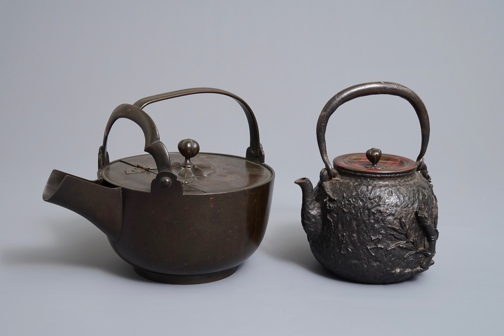 Two Japanese cast iron and bronze tetsubin kettles, Meiji, 19th C.