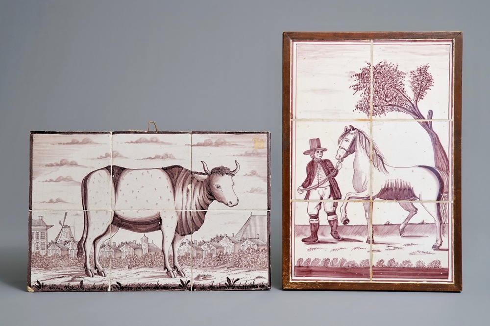 Deux tableaux de carreaux en fa&iuml;ence de Delft en mangan&egrave;se, 19/20&egrave;me