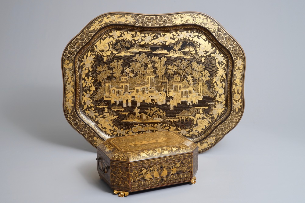 A massive Chinese Canton export lacquer tray and a sewing box, 18/19th C.