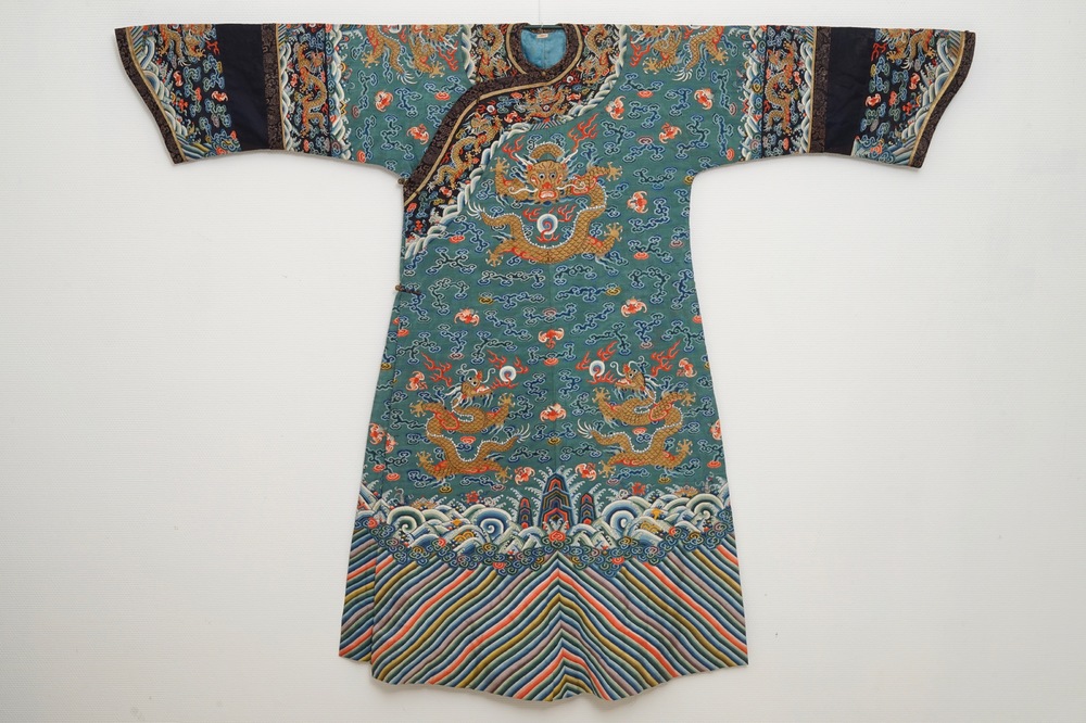 A Chinese embroidered turquoise-ground five-clawed dragon robe, 'jifu', 19th C.