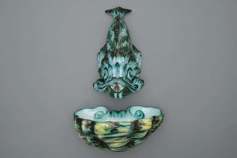 A rare Brussels faience dolphin-shaped fountain and basin, 18th C.