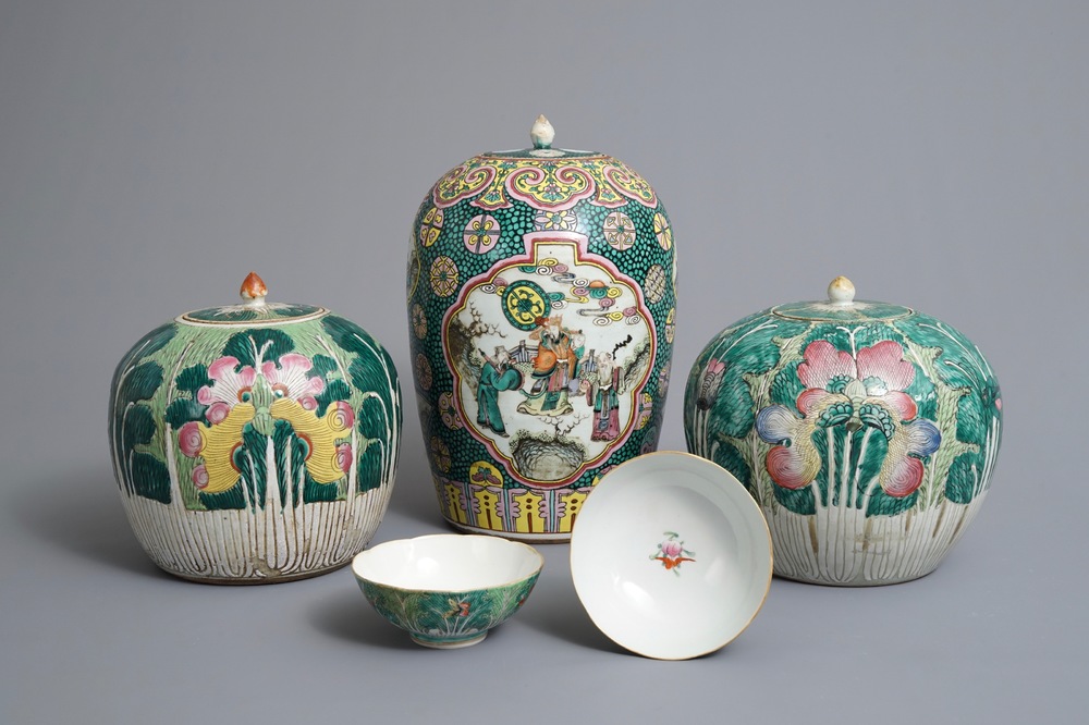 Three Chinese famille rose jars and covers and two bowls, 19th C.