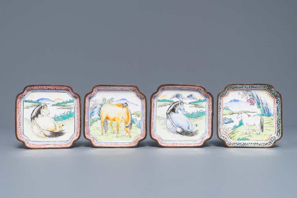 Four Chinese Canton enamel square saucers with horses, 18/19th C.