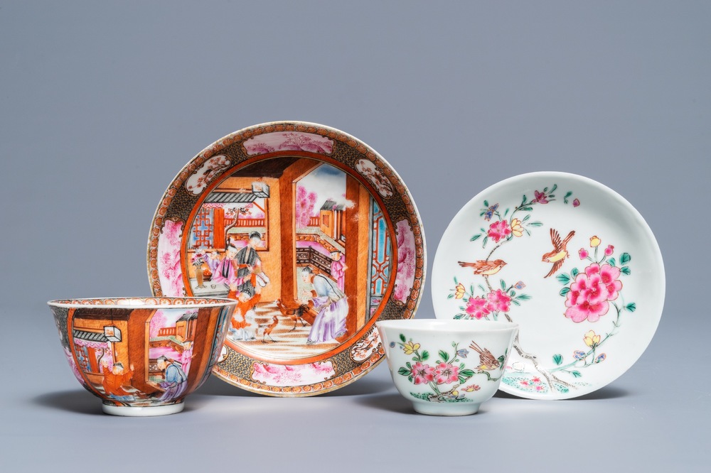 Two Chinese famille rose cups and saucers, Yongzheng/Qianlong