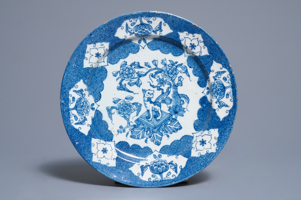 An English Delftware blue and white plate, Bristol or Liverpool, 18th C.