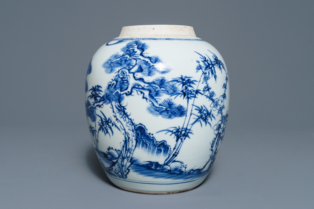 A Chinese blue and white 'Three friends of winter' jar, Kangxi