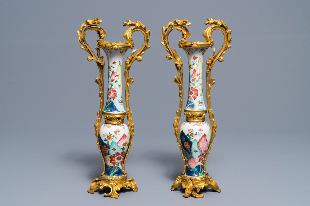 Four Chinese ormolu-mounted famille rose 'tobacco leaf' vases remodeled as two, Qianlong