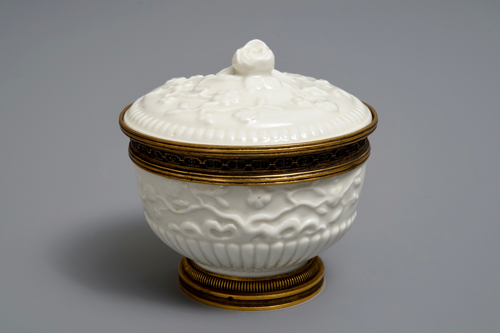 A gilt-bronze mounted Saint-Cloud soft paste porcelain bowl and cover, France, 2nd half 18th C.