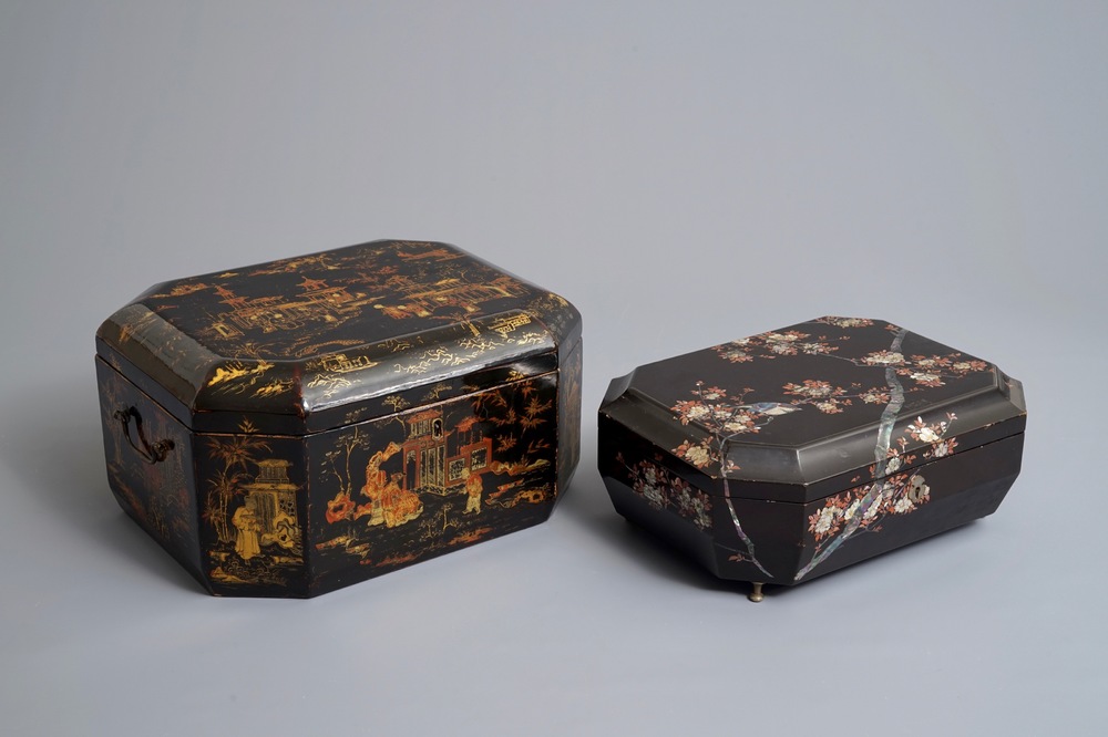 Two Chinese black lacquer covered boxes, 19/20th C.