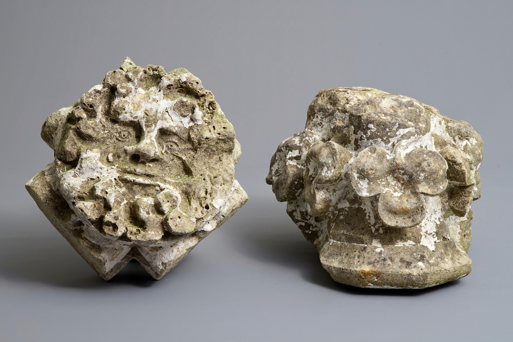 Two carved stone pillar or facade fragments, 17/18th C.