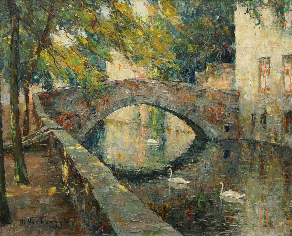 Verbrugghe, Charles (1877-1974): Zicht op de Meebrug, olie op paneel