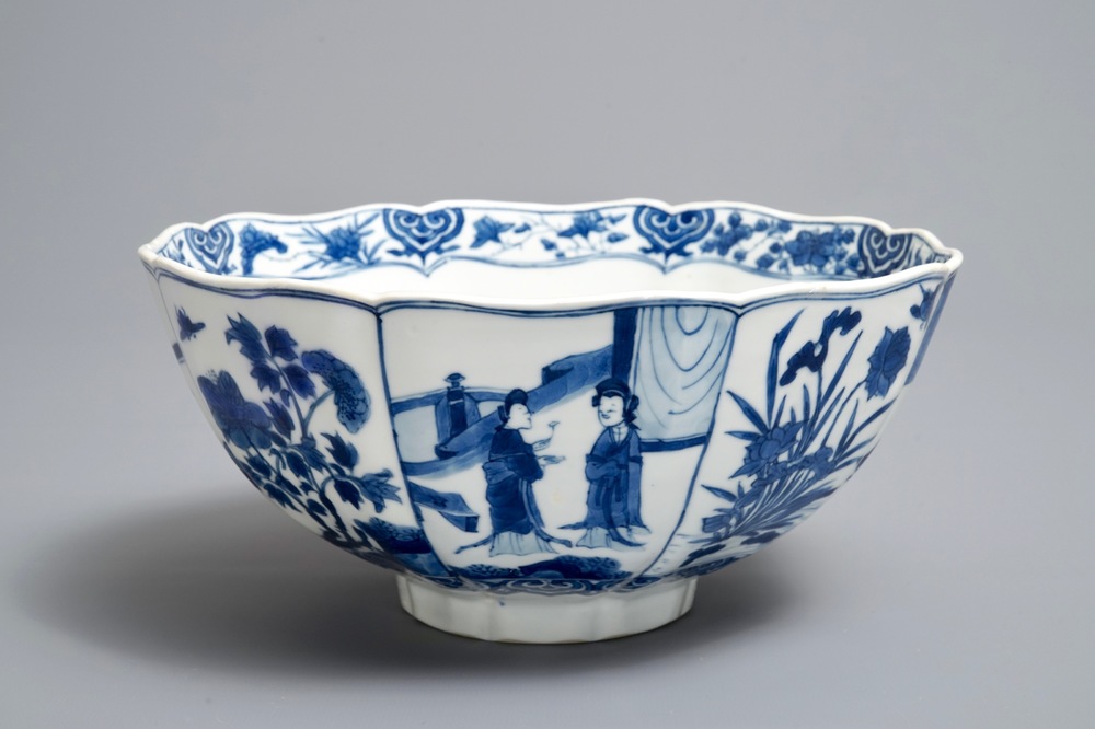 A Chinese blue and white bowl with figurative and floral panels, Chenghua mark, Kangxi